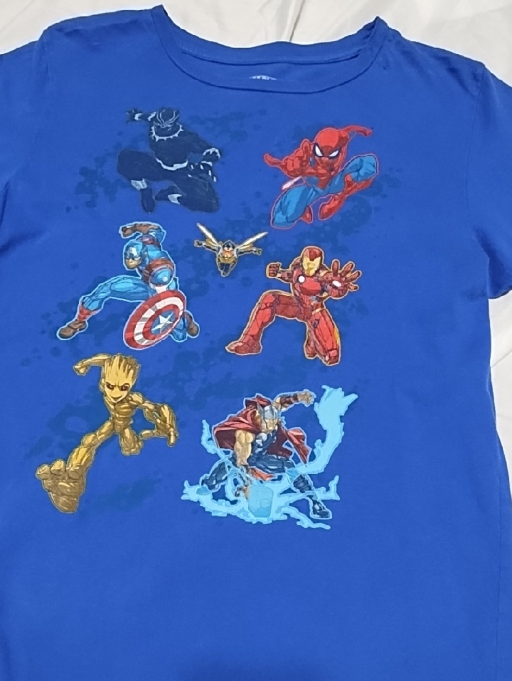 7 Marvel Superheroes. Spider-man, Iron Man, Groot, More On Blue Tee Kids XXL